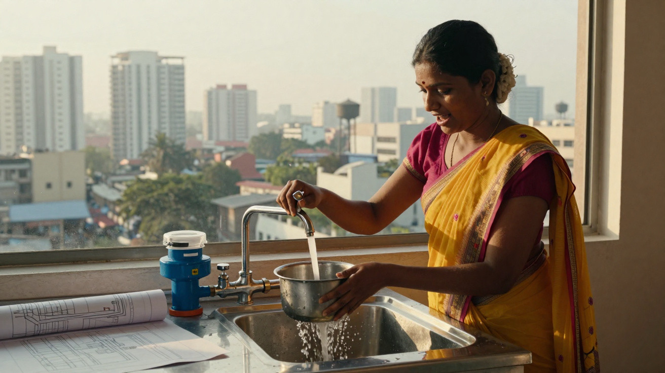 Mulher em vestido tradicional lavando panela sob torneira em cozinha com vista urbana ao fundo.