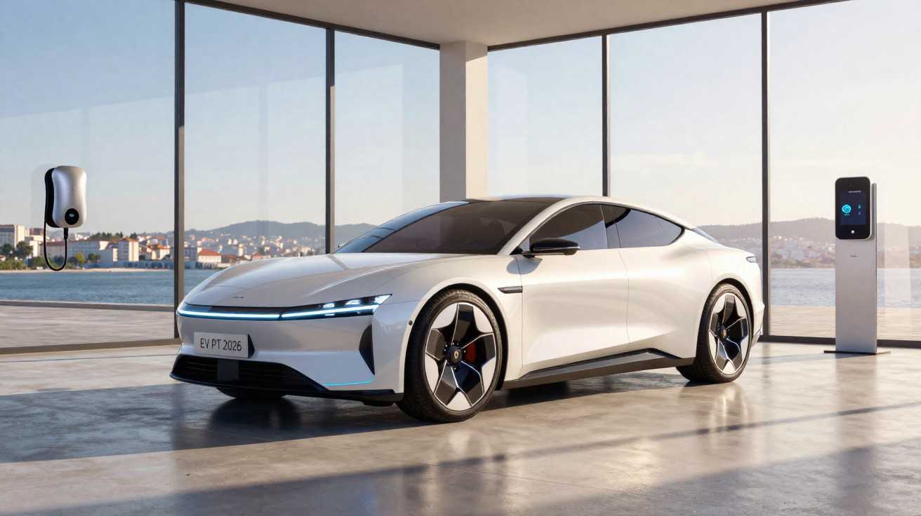 Carro elétrico branco estacionado em garagem com estações de recarga e vista para o mar.