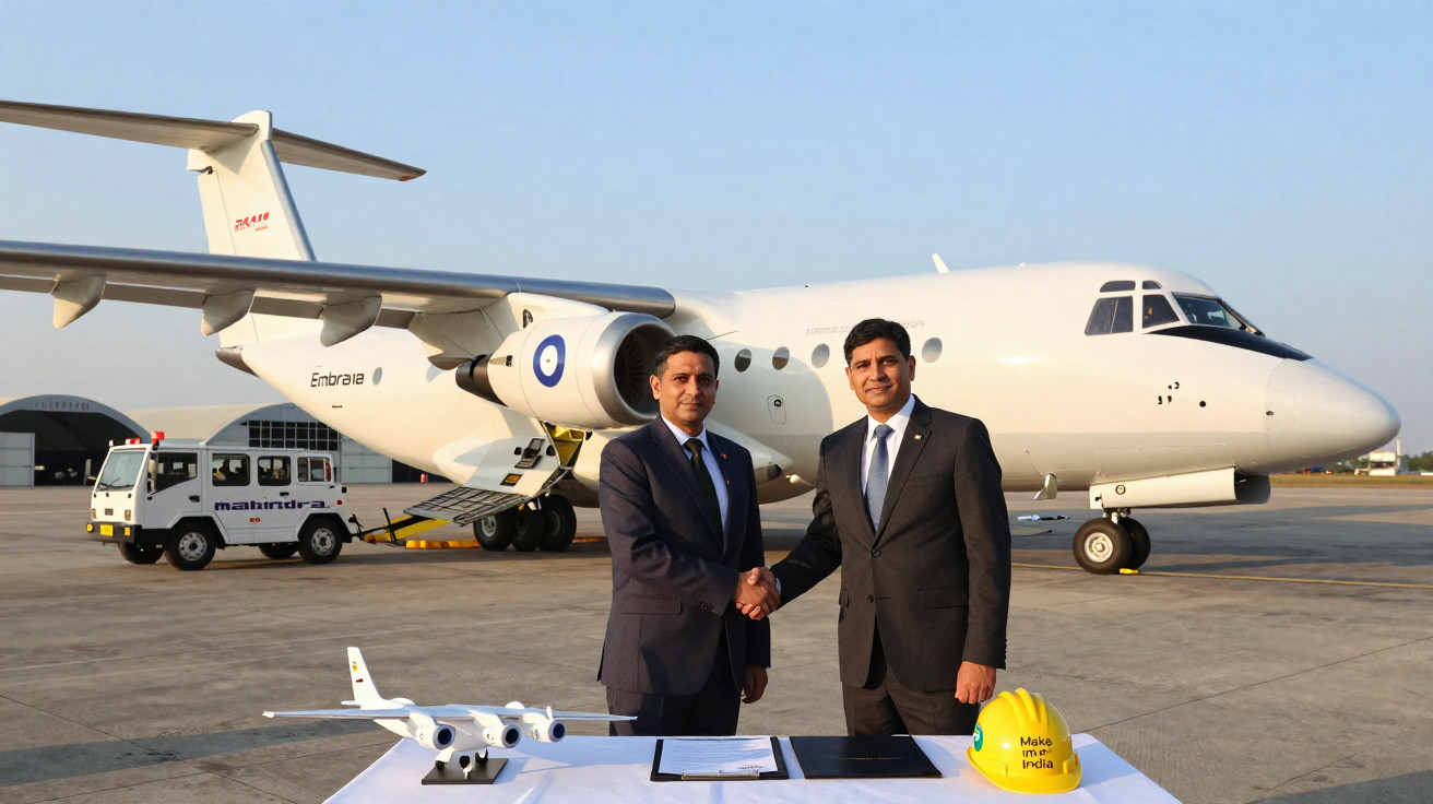 Dois homens de terno apertam as mãos em frente a um jato branco Embraer no aeroporto, com miniatura de avião e capacete na me