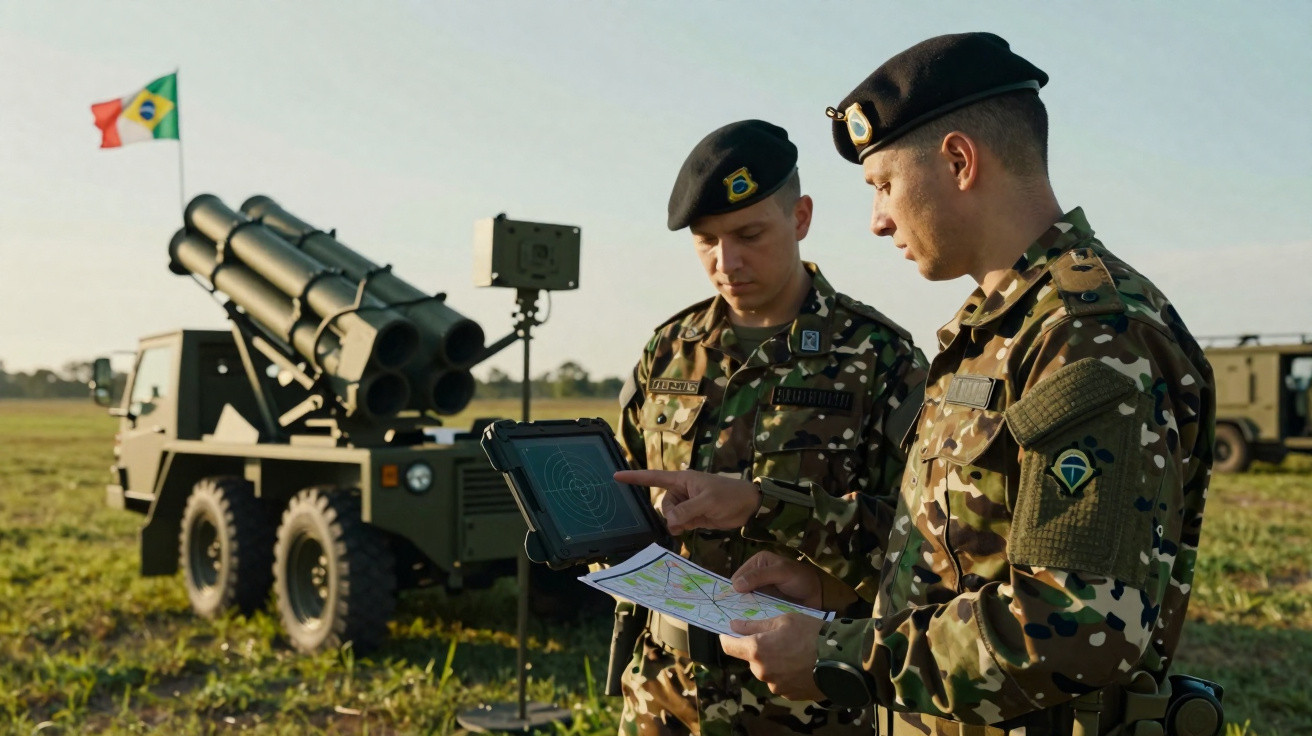 Dois soldados brasileiros em uniforme camuflado consultam mapas e tablet com viatura militar equipada com artilharia ao fundo