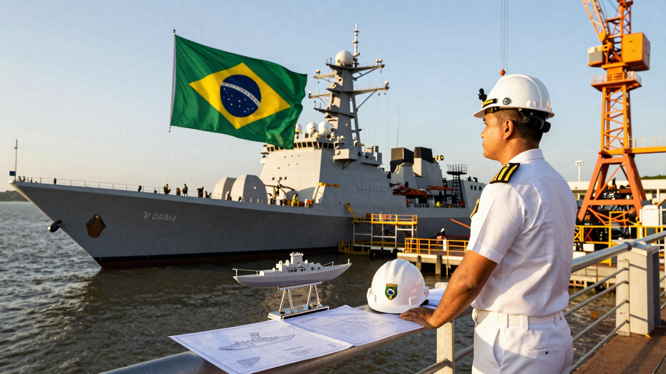 Oficial da Marinha do Brasil observa navio de guerra próximo a plantas baixas e maquete.