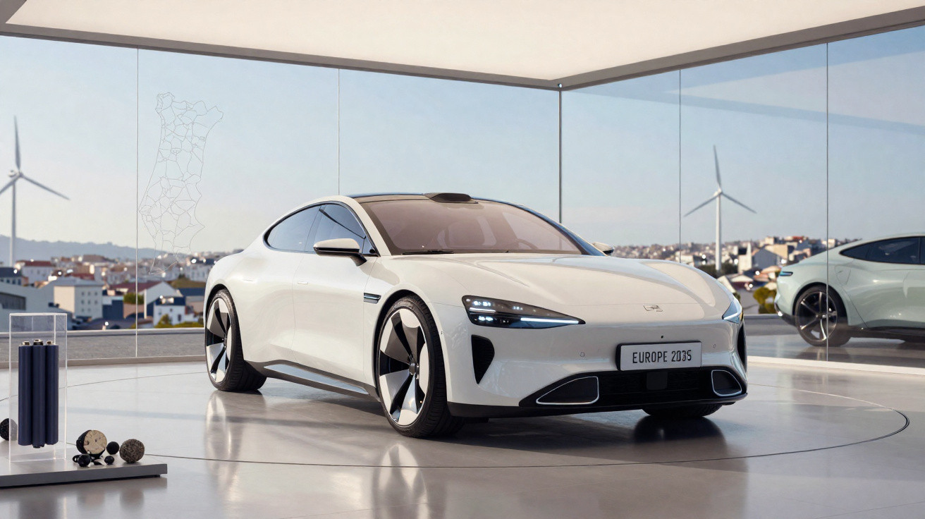 Carro esportivo branco moderno em exposição com turbinas eólicas ao fundo em ambiente com vista urbana.