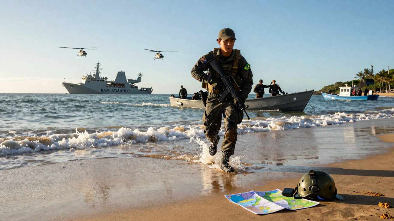 Soldado brasileiro com fuzil na praia, dois helicópteros e navio da Marinha ao fundo, mapa e capacete na areia.