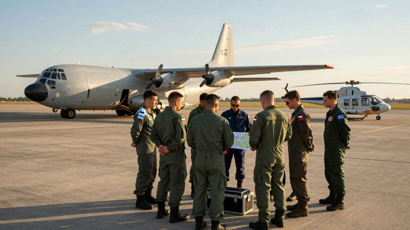 Grupo de militares em uniforme verde em briefing no aeroporto com avião e helicóptero ao fundo.