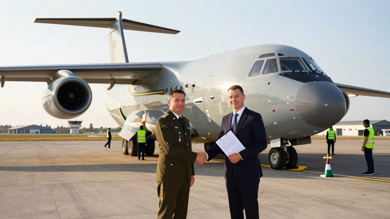 Dois homens, um militar e outro de terno, apertam as mãos na frente de um avião em pista de aeroporto.