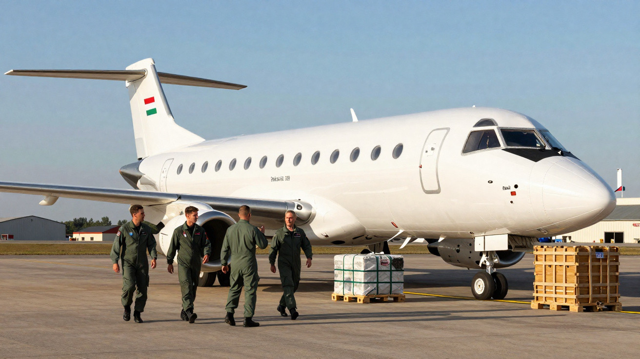 Quatro militares caminham próximo a avião branco estacionado com caixas na pista de aeroporto.