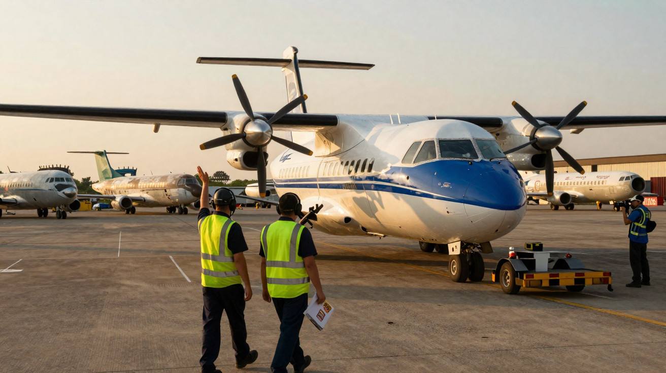 Dois funcionários com coletes refletores sinalizam para a chegada de uma aeronave em pista de aeroporto ao entardecer.