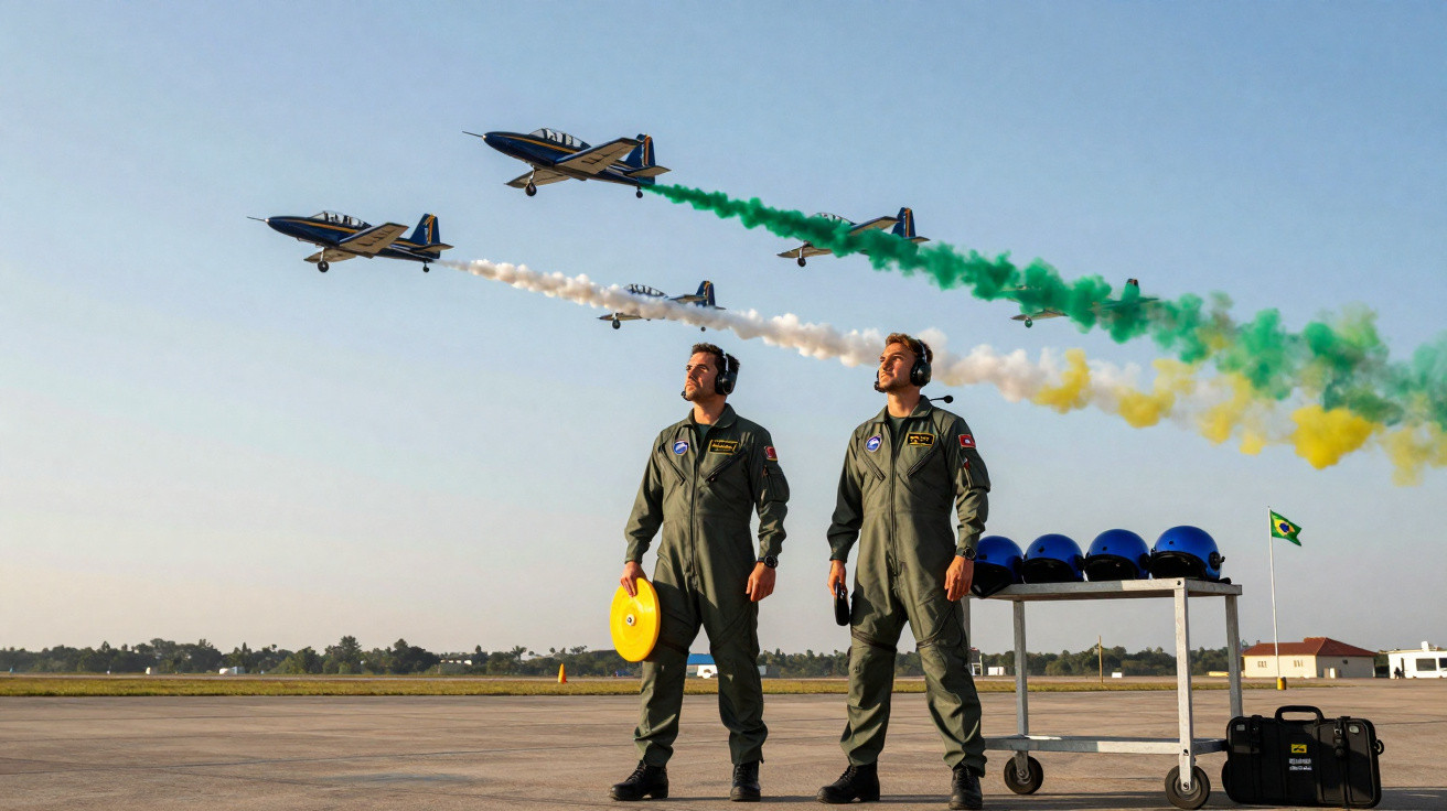 Dois pilotos em uniforme verde observam cinco aviões que deixam rastros de fumaça nas cores da bandeira do Brasil no céu clar