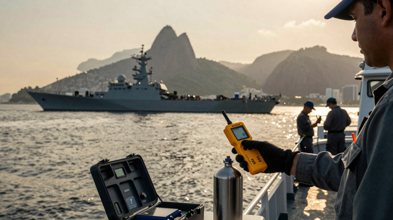 Militar segurando rádio comunicador em barco com navio de guerra e Pão de Açúcar ao fundo no Rio de Janeiro.