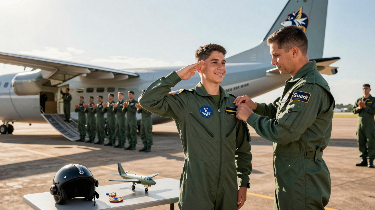 Militares brasileiros em uniformes verdes, em cerimônia de homenagem com avião ao fundo em pista de aeroporto.