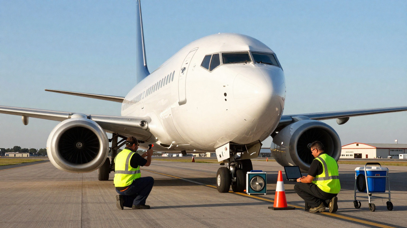 Dois técnicos em coletes refletores inspecionam um avião branco estacionado em pista de aeroporto.
