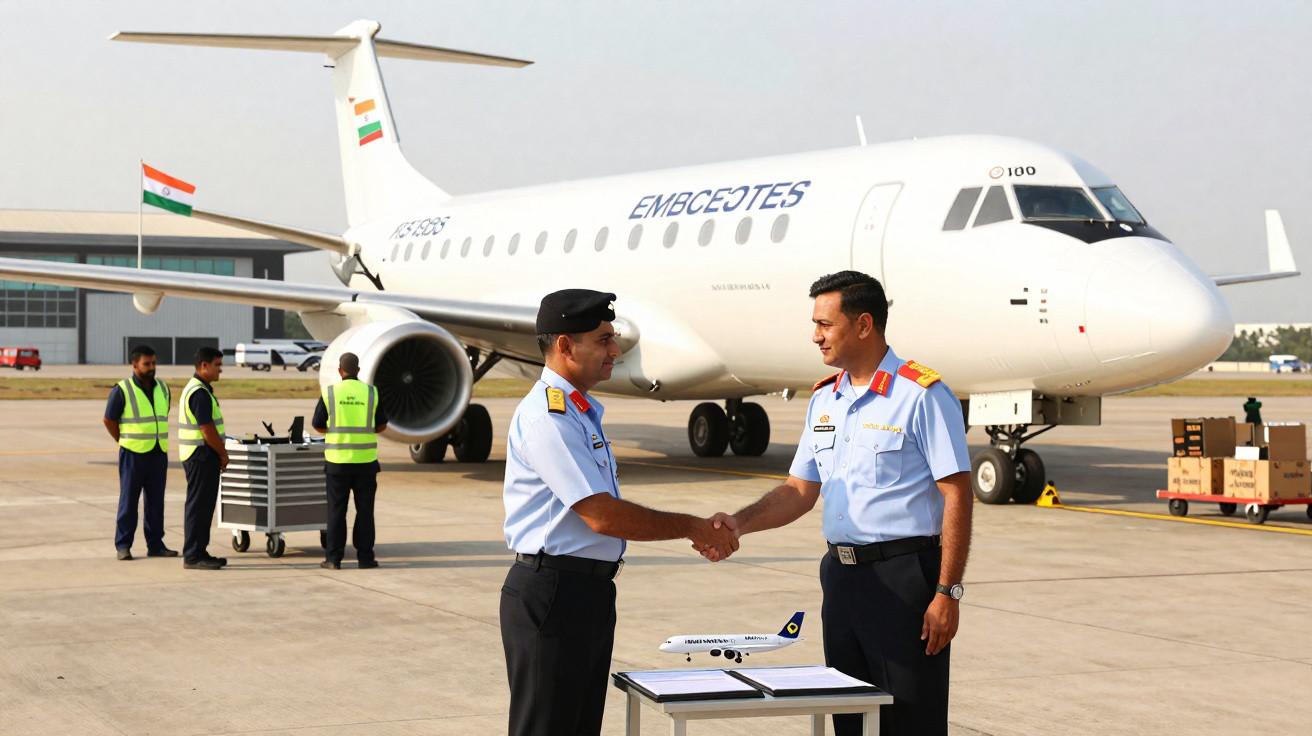 Dois oficiais militares indianos apertam as mãos diante de um avião branco no aeroporto.