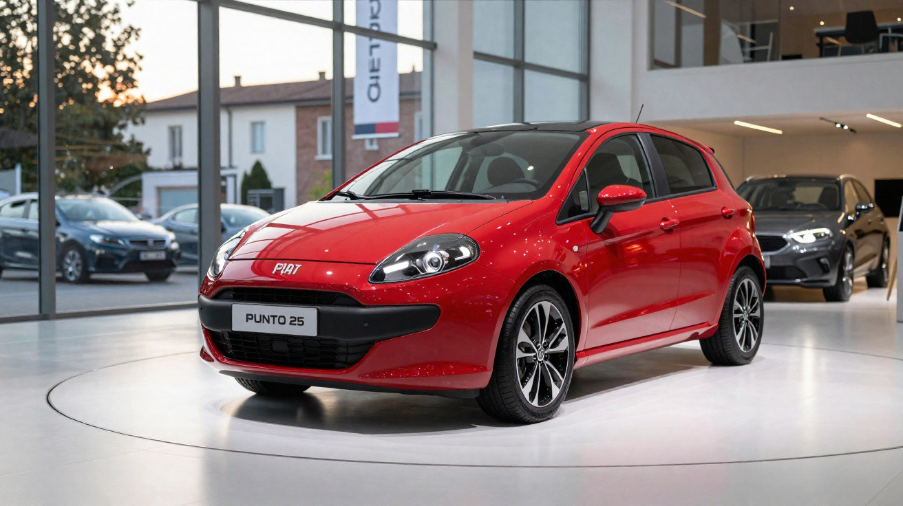 Carro vermelho Fiat Punto 25 exibido em salão de automóveis com iluminação natural.