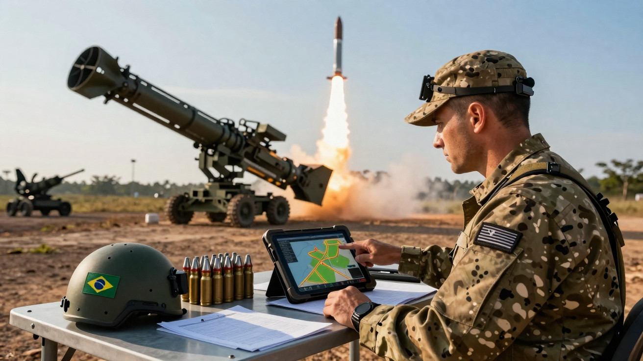 Militar brasileiro em uniforme camuflado usando tablet para monitorar lançamento de foguete em área aberta.