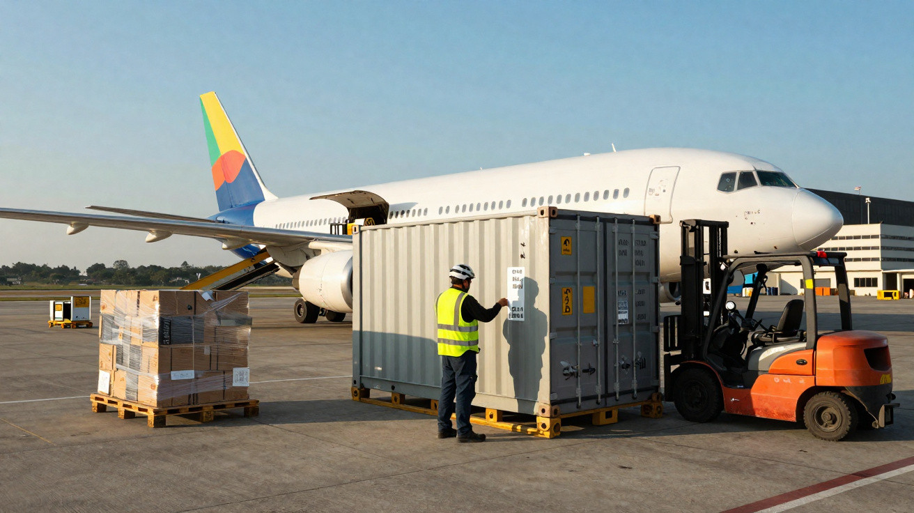 Funcionário com colete amarelo supervisiona carga em contêiner com empilhadeira ao lado de avião no aeroporto.