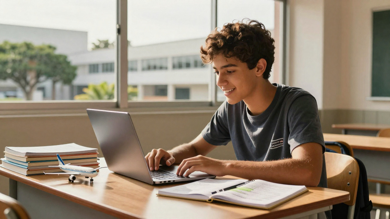 Jovem estudante sorridente usando laptop em sala de aula com caderno aberto e avião de brinquedo na mesa.