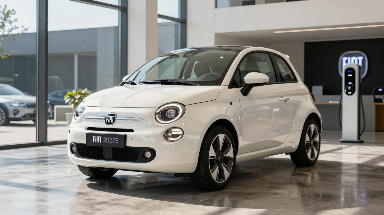 Carro elétrico Fiat 2027E branco exibido em showroom moderno com piso de concreto polido e paredes de vidro.