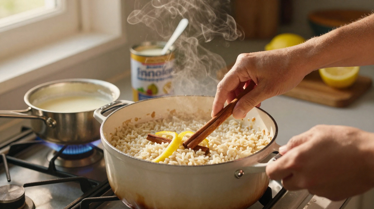Mãos mexendo arroz doce com canela em pau e casca de limão em panela no fogão a gás.