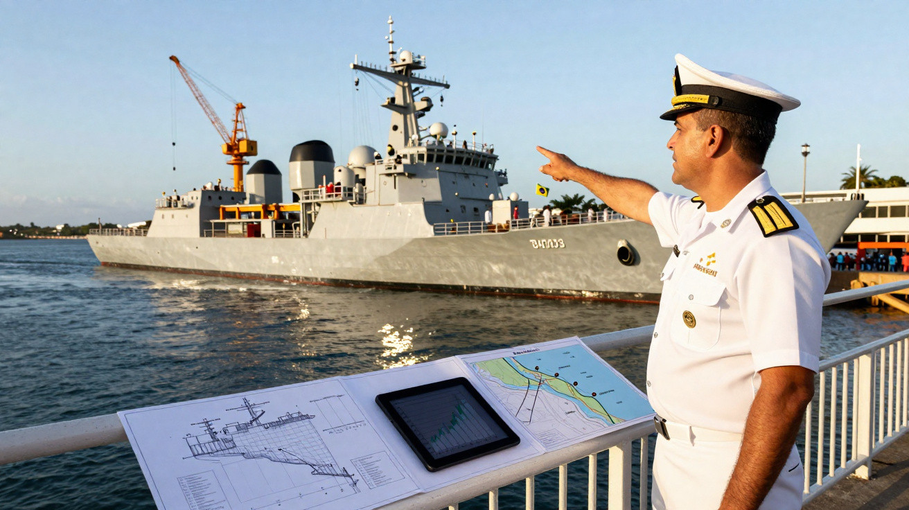 Oficial da marinha em uniforme branco aponta para um navio de guerra cinza atracado no porto.