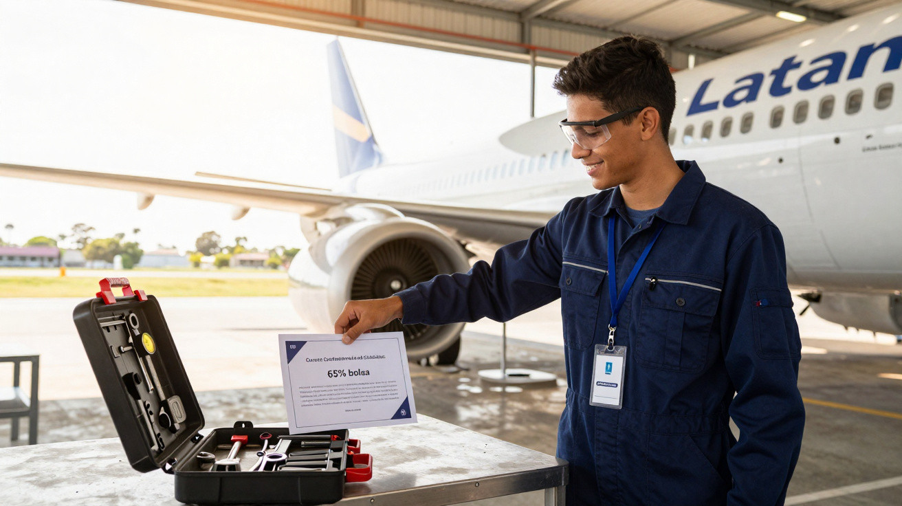 Jovem técnico em uniforme azul prepara ferramentas perto de avião Latam em hangar de aeroporto.
