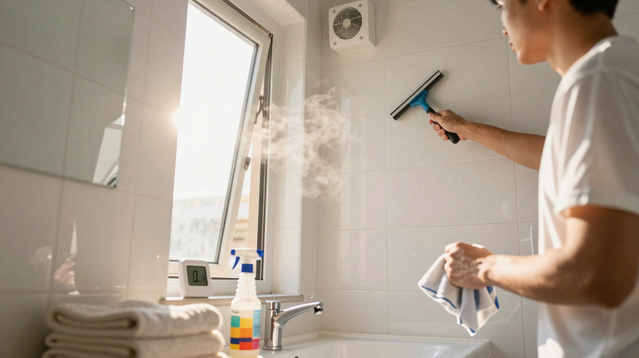 Pessoa limpando azulejos brancos do banheiro com rodo azul e pano, com vapor visível e janela aberta.