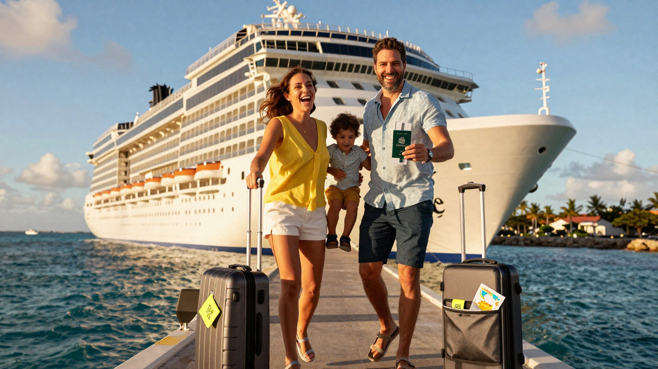 Família feliz com malas caminhando em píer em direção a um navio de cruzeiro grande ao pôr do sol.