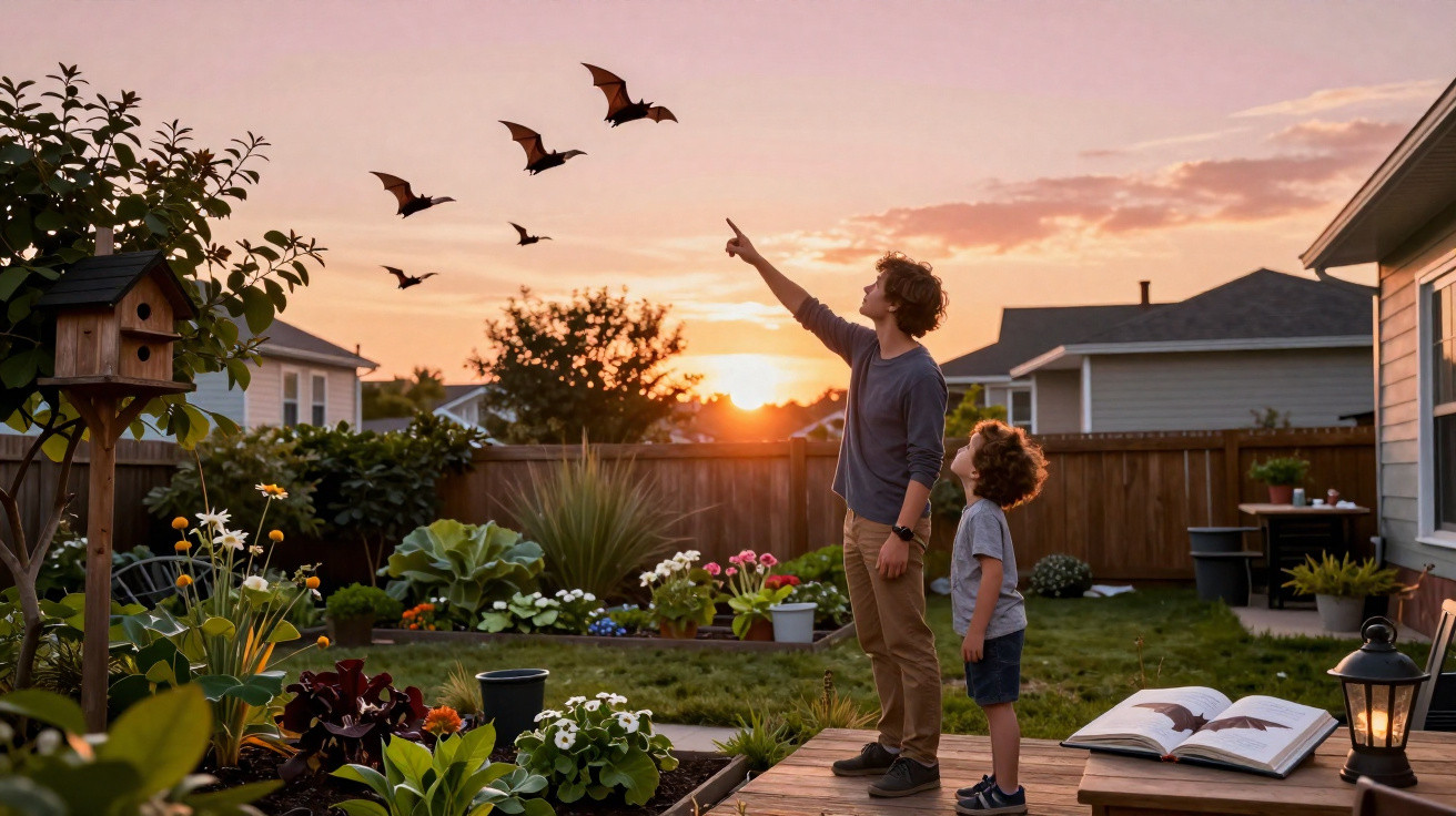 Homem e menino observam morcegos voando ao pôr do sol em um jardim com plantas e flores.