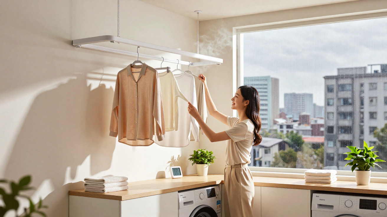 Mulher organiza roupas femininas claras em varal moderno dentro de lavanderia com janela e decoração minimalista.