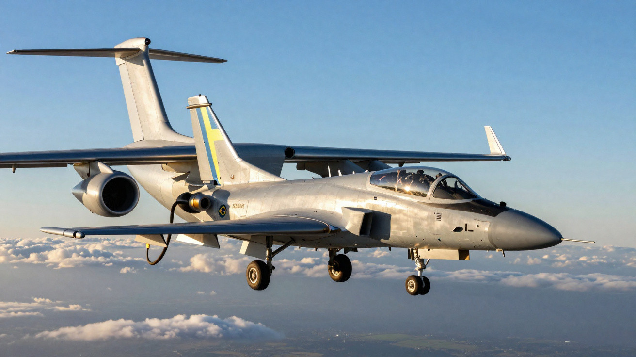 Avião militar cinza com detalhes amarelo e azul voando acima das nuvens em céu claro.