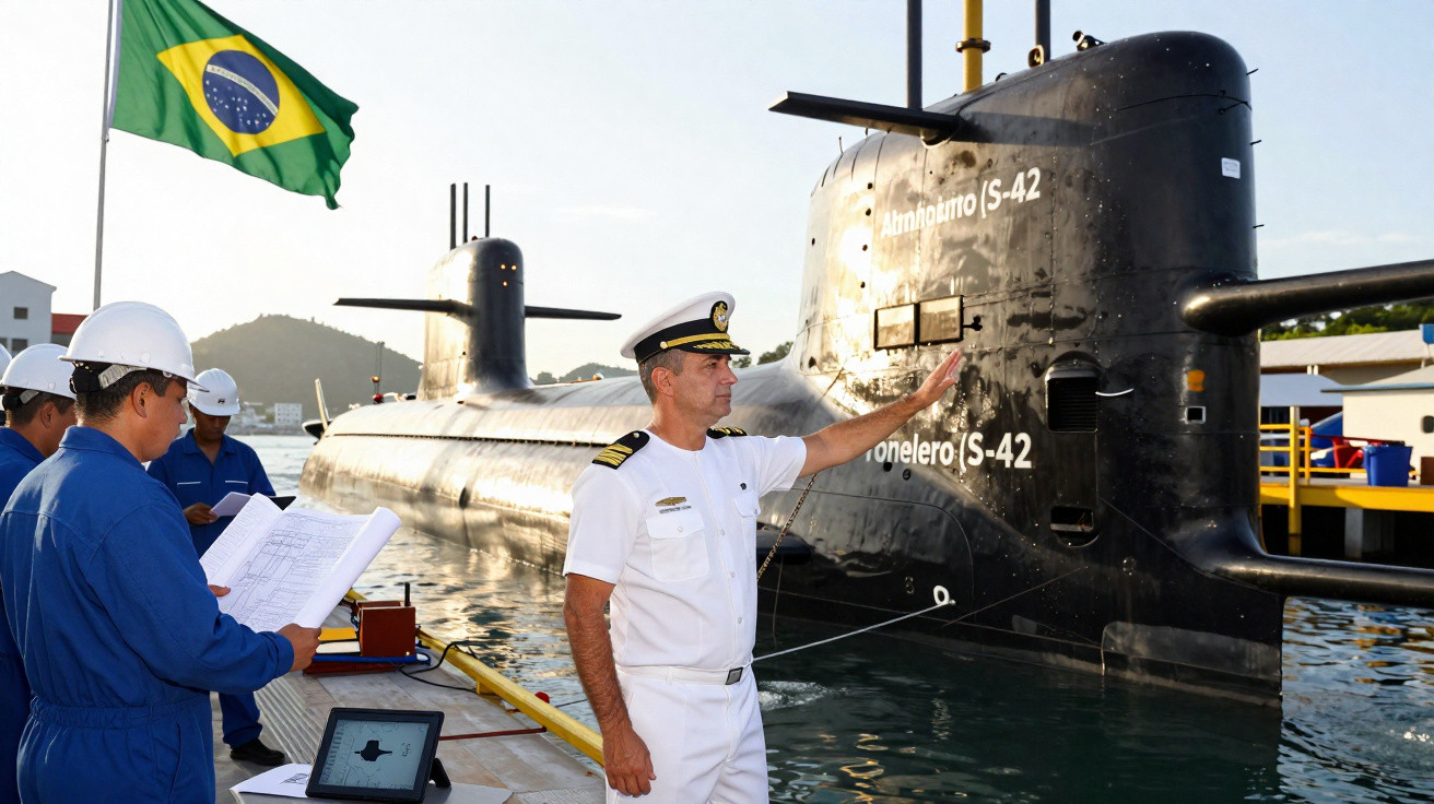 Oficiais navais inspecionam submarino brasileiro S-42 no porto com a bandeira do Brasil ao fundo.