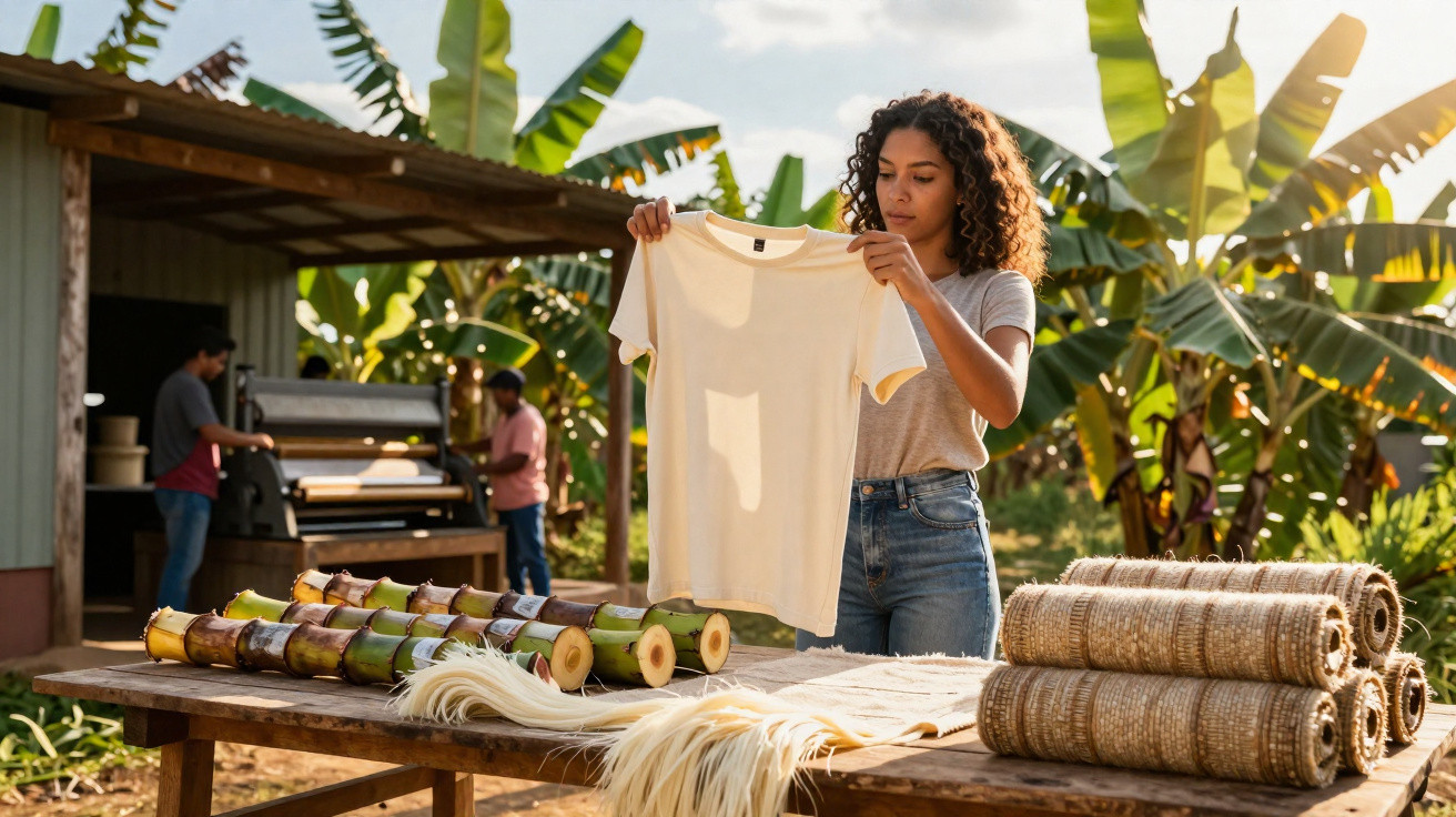 Mulher segurando camiseta branca ao ar livre, com rolos de tecido e troncos cortados em mesa de madeira.