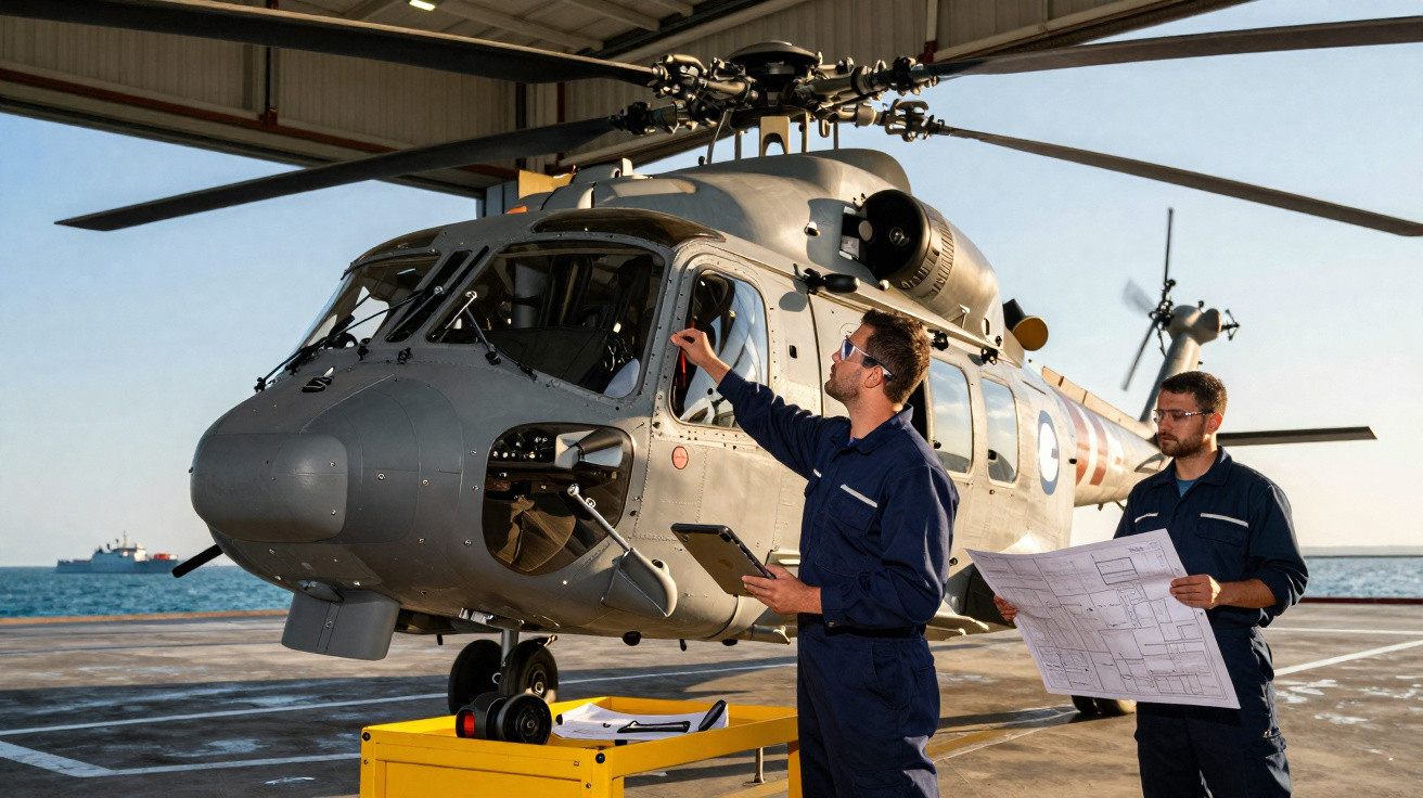 Dois técnicos em macacão azul inspecionam helicóptero militar cinza em hangar próximo ao mar.