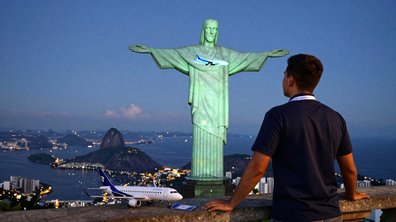 Homem observa a estátua do Cristo Redentor ao entardecer com avião de brinquedo na mureta.