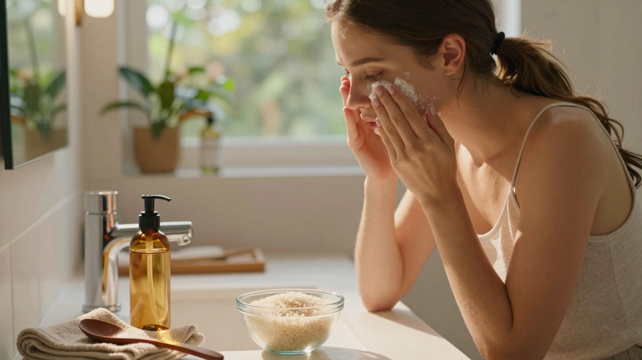 Mulher aplicando esfoliante facial em banheiro iluminado com produtos e toalha sobre a pia.