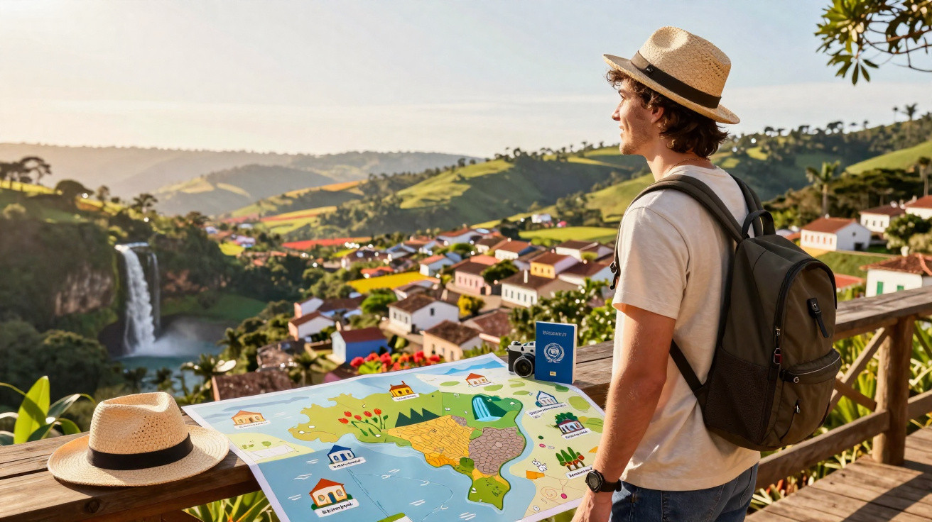 Jovem com mochila e chapéu observa mapa em mirante com vista para vila e cachoeira ao fundo.