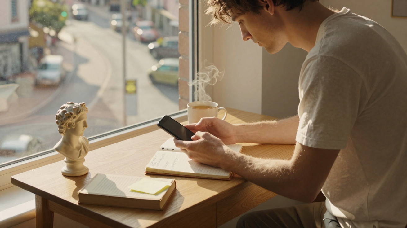 Homem sentado à mesa com bloco de notas, usando celular, com xícara de café e busto decorativo perto da janela.