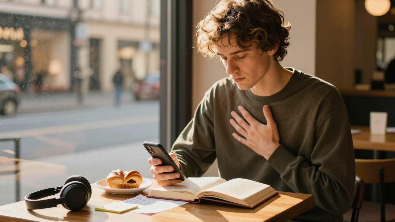 Jovem sentado em cafeteria lendo livro e olhando celular, com fones de ouvido e croissant na mesa.