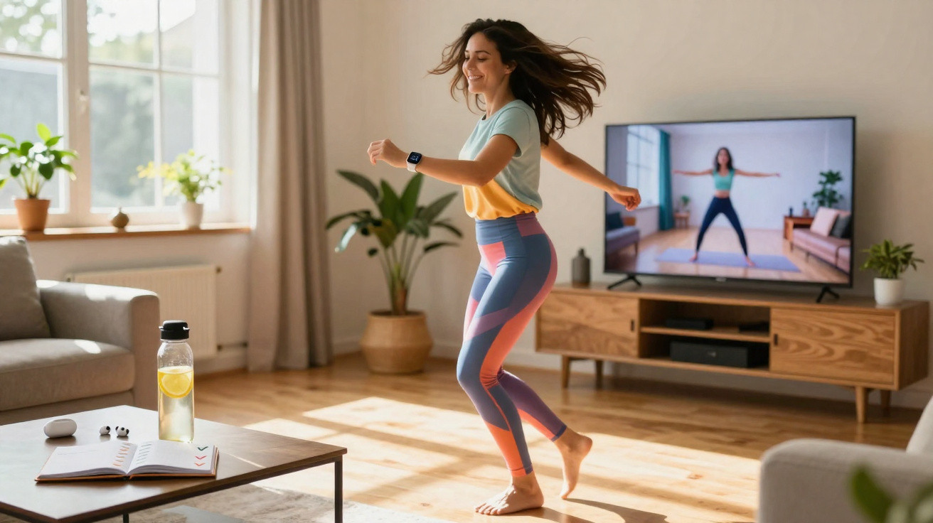 Mulher fazendo exercícios em casa acompanhando aula de dança pela TV em sala iluminada e moderna.