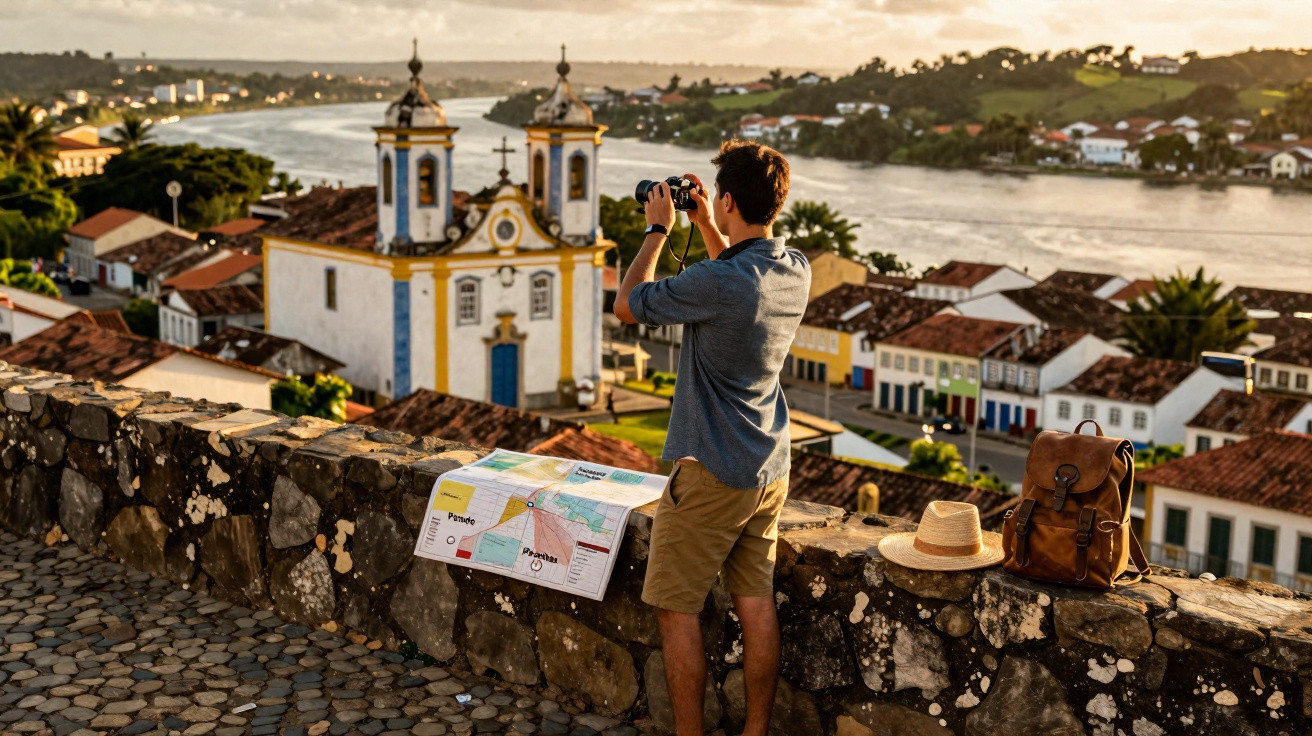 Homem usando binóculos observa cidade histórica com igreja e rio ao entardecer, perto de mapa e mochila.
