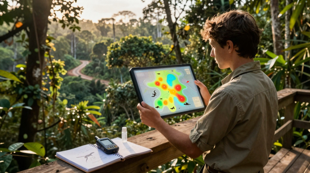 Jovem em área florestal analisando mapa colorido em tablet, com caderno e GPS sobre madeira.