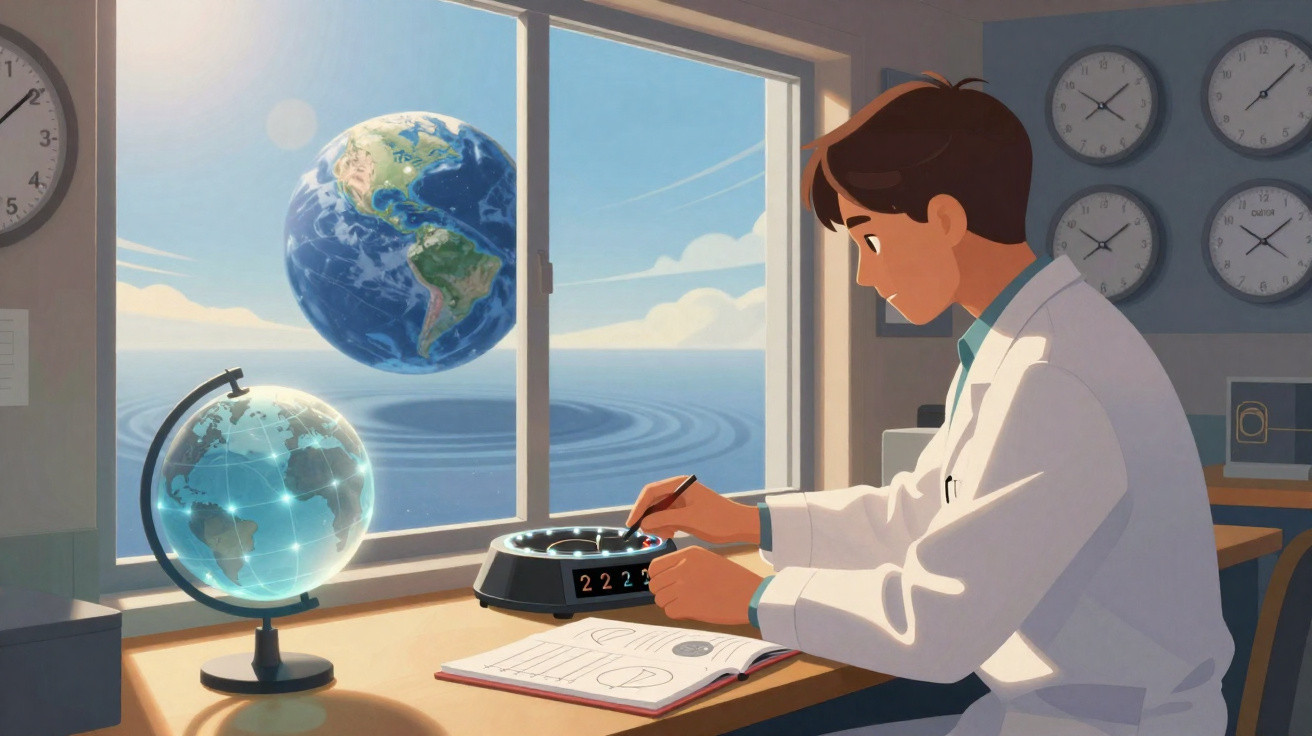 Jovem cientista em laboratório com globo terrestre digital, Terra flutuando na janela e instrumentos de análise.