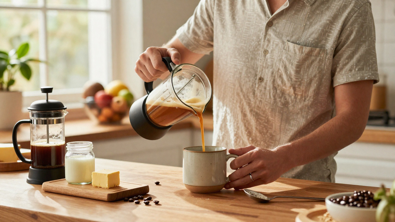 Pessoa derramando café com leite em caneca na cozinha com acessórios de café sobre a mesa.