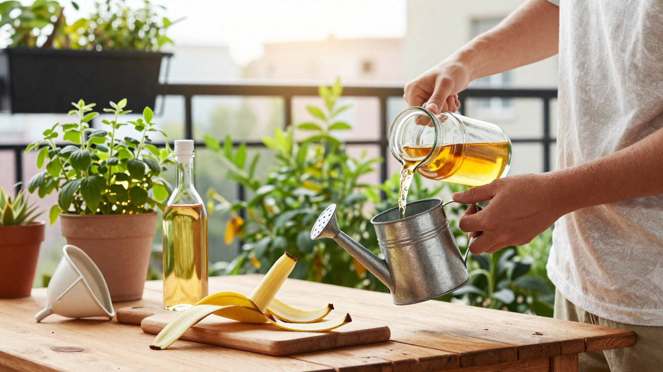 Pessoa derramando líquido amarelo em regador metálico, com casca de banana e plantas ao fundo.