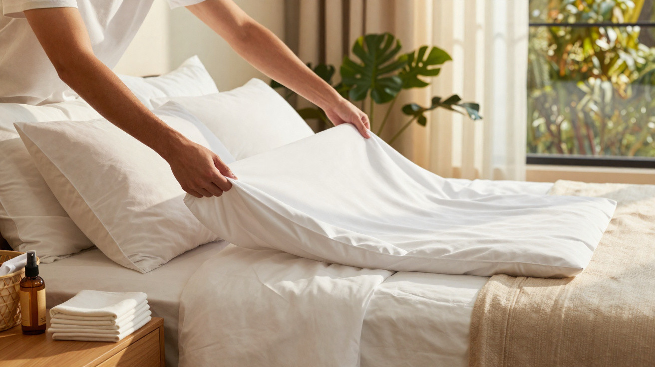 Pessoa arrumando a cama com lençol branco em quarto iluminado com plantas e janela ao fundo.