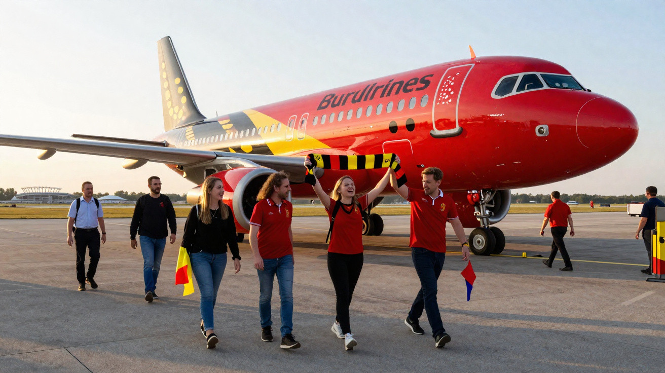 Pessoas sorrindo caminhando à frente de avião Vermelho da Burdairlines em pista de aeroporto ao entardecer.