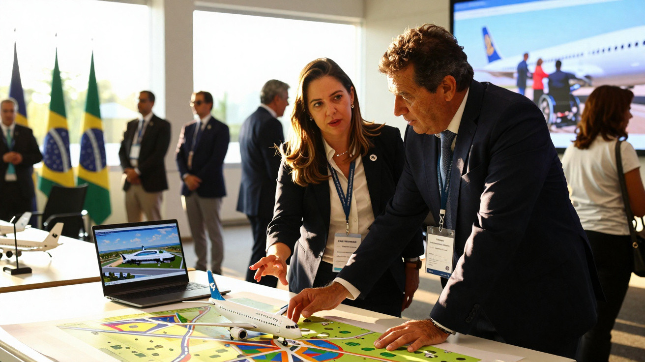 Homem e mulher em terno discutem maquete de avião sobre mesa com mapa em evento com bandeiras do Brasil.