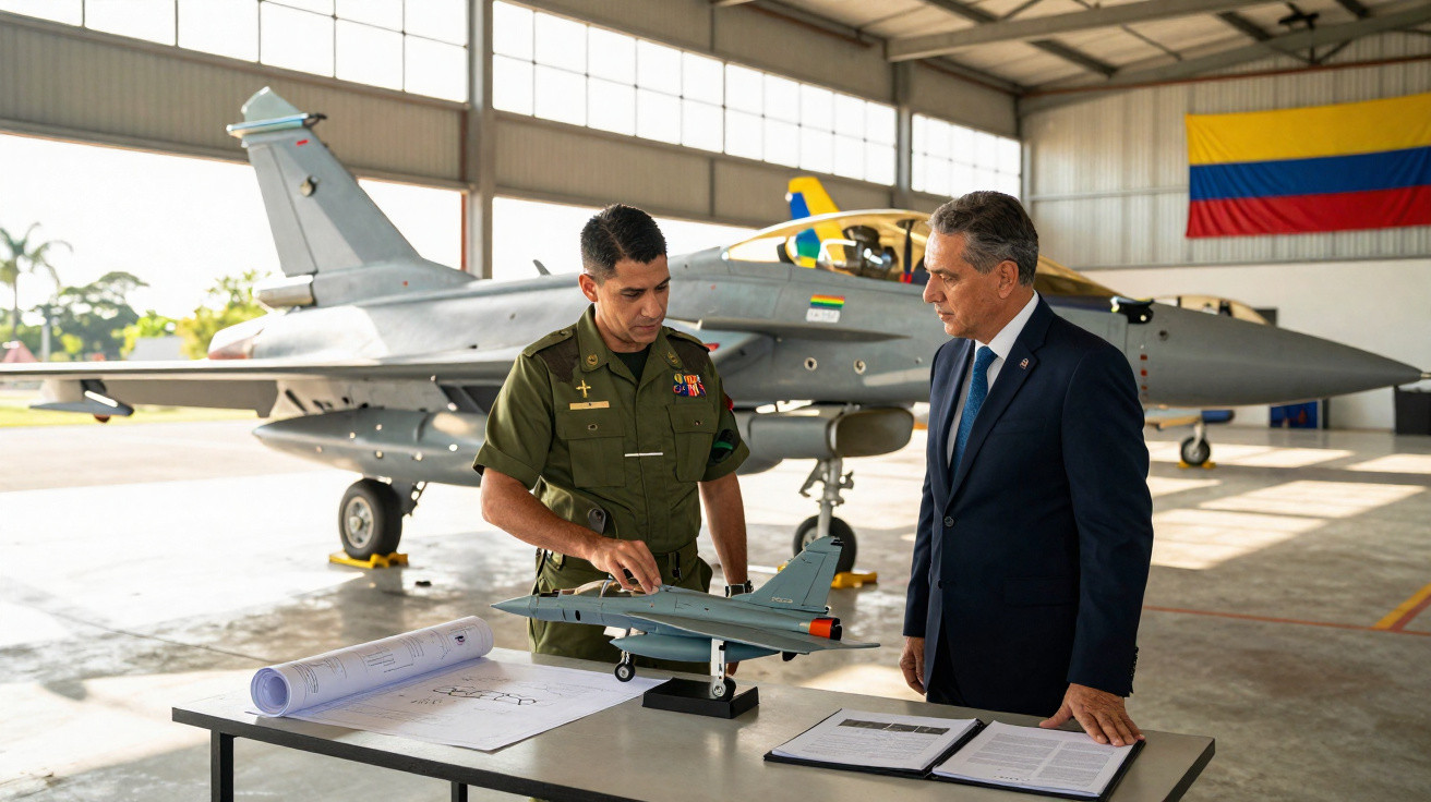 Militar e homem de terno analisam maquete de jato militar em hangar com avião ao fundo e bandeira.