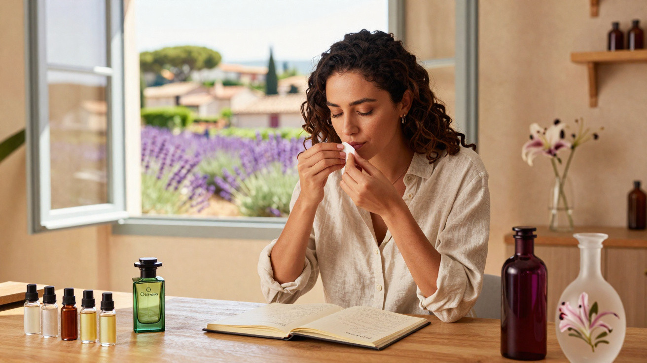 Mulher cheira papel com aroma sentada à mesa com frascos de essência e caderno aberto, janela aberta ao fundo.