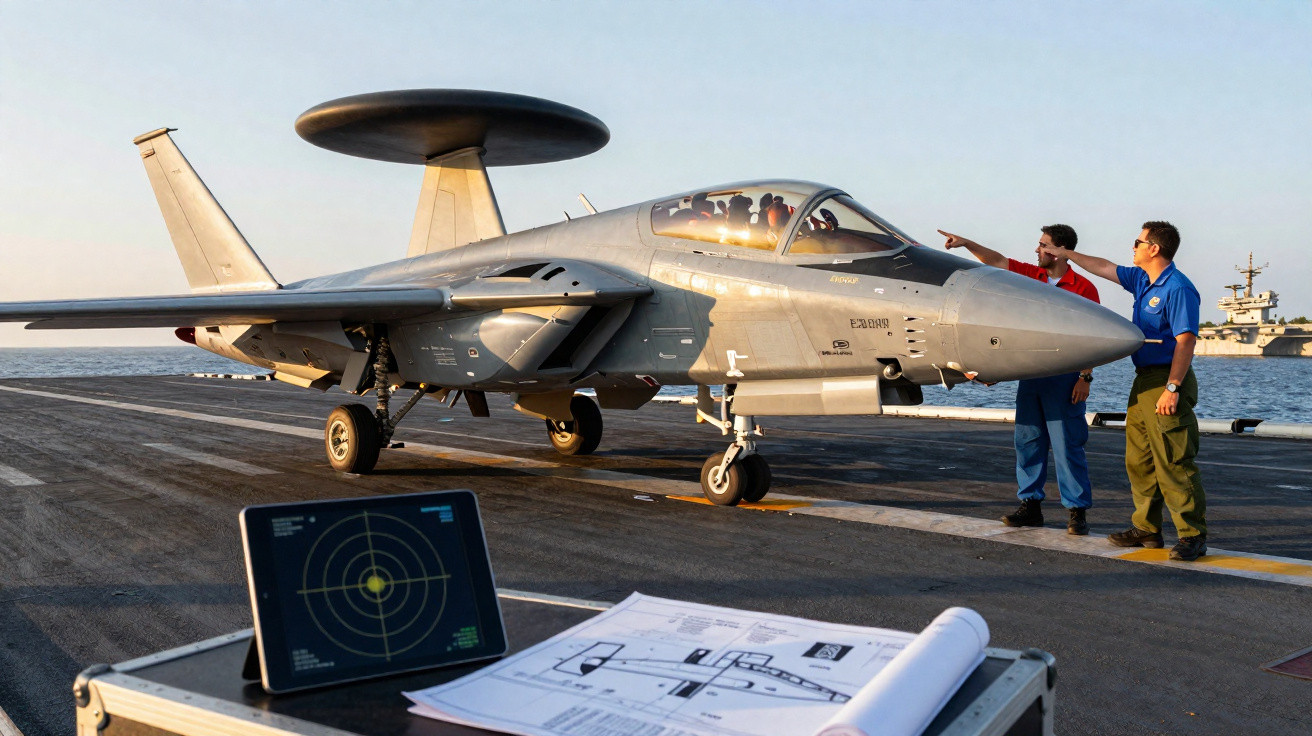 Caça aéreo com radar de vigilância em porta-aviões, com duas pessoas ao lado e tela de radar próxima.
