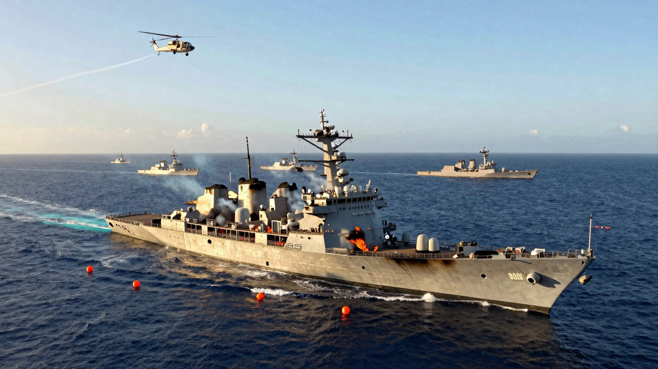 Navio de guerra japonês em exercício naval no mar com helicóptero sobrevoando e outras embarcações ao fundo.